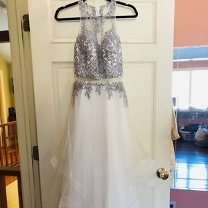 Silver and white sheer midriff prom dress